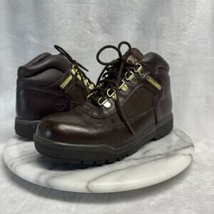 Timberland Field Boots Kids 3.5 Brown Leather Hiking Winter Lace Up Lug Sole